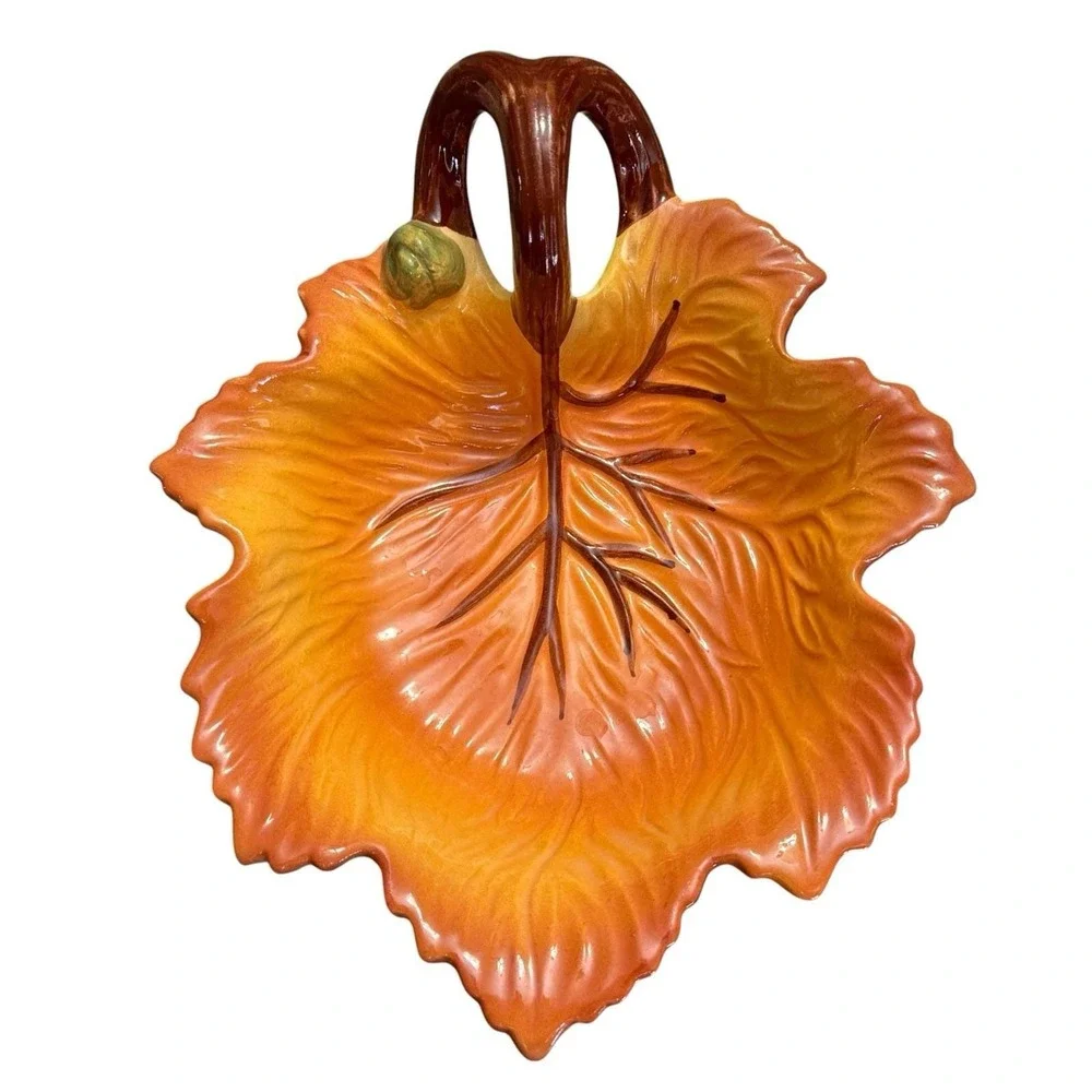 FIGI Autumn Leaf Handled Bowl Candy Nut Dish Fall Thanksgiving Orange Ceramic